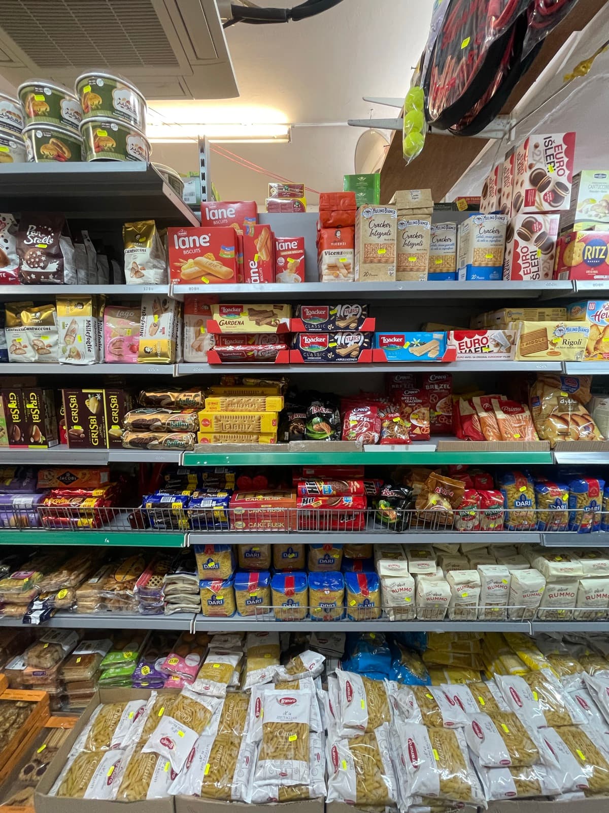 Shelves of boxed biscuits and cookies