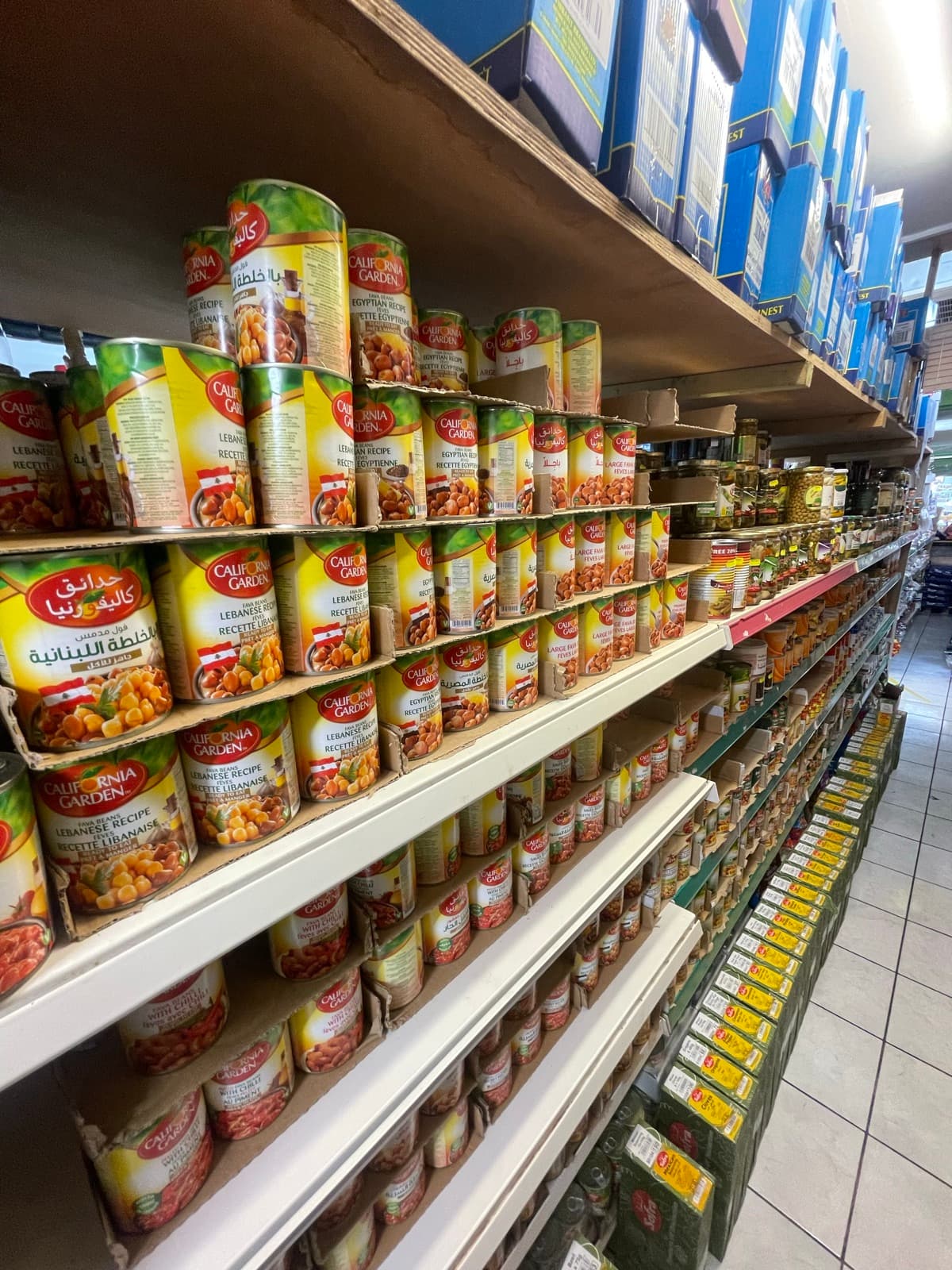 Shelves of canned and tinned goods