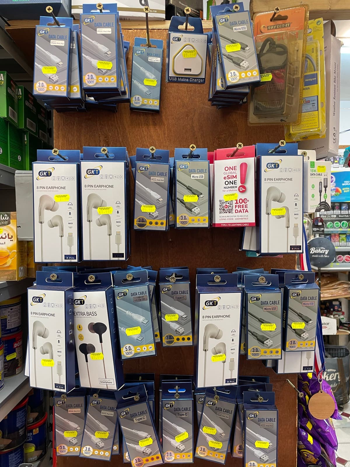 Display of phone accessories, SIM cards and top-up vouchers