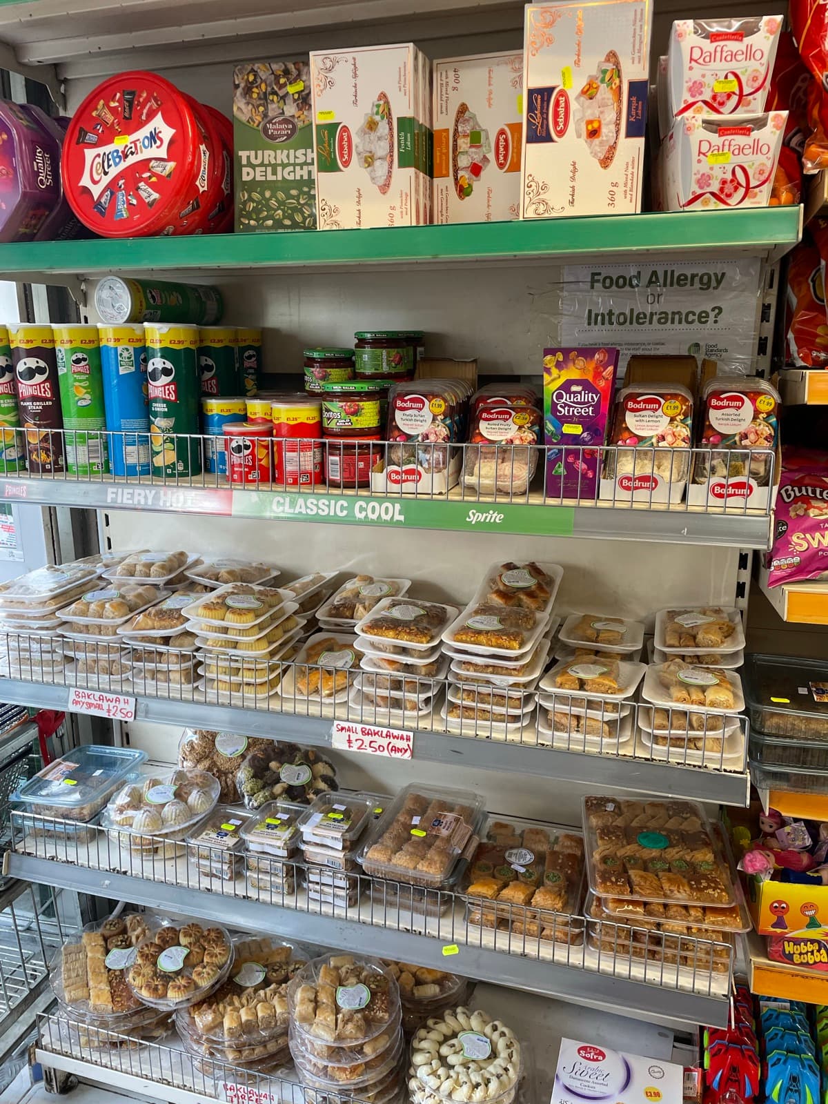 Trays of baklava and Middle Eastern sweets on display