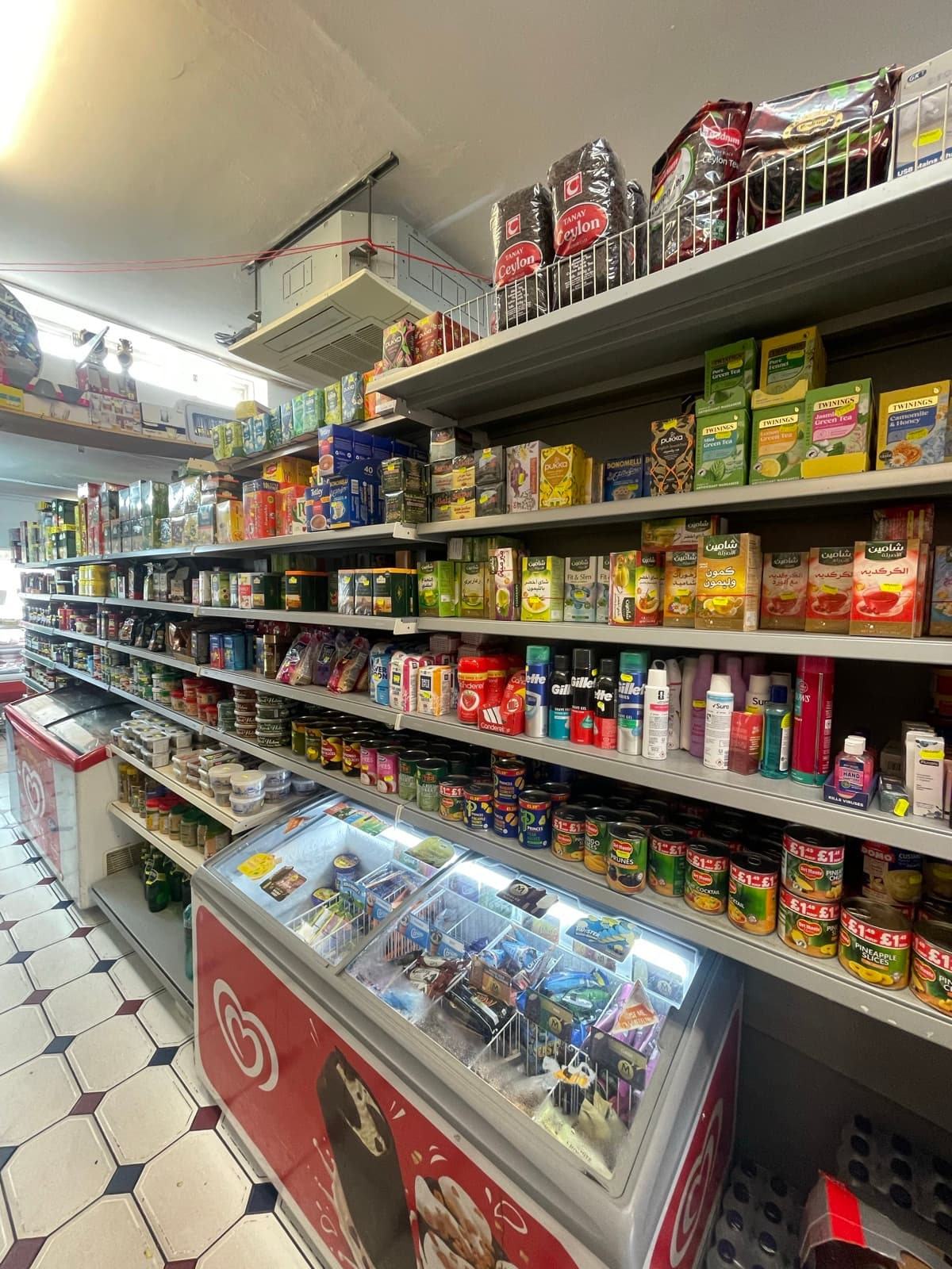 Shelves of boxed tea and coffee